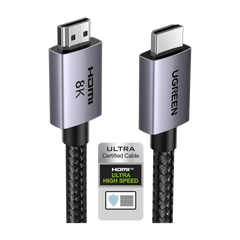 Cable HDMI 2.1 de 8K@60Hz | 3 metros | 48Gbps | HDR10+ | 3D Inversivo| eARC | Dolby ATMOS |   VVR | QMS | QFT | ALLM | 3 modos de Visualización | Certificado HDMI 8K | Niquelado | Nylon Trenzado | Carcasa de Aluminio.