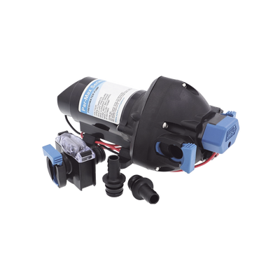 Bomba controlada por presión Par Max a 12 Vcd, caudal de 2 GPM, presión máxima 35 psi, para manguera de entrada con orificio de 38 mm (1½”), manguera de descarga con orificio de 25 mm (1”)