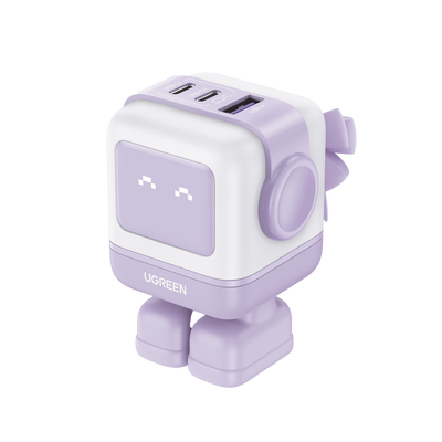 Cargador RobotGaN de 65W Serie UNO | 3 Puertos de Carga Rápida | 2 USB-C | 1 USB-A | PD 3.0 | QC 4.0 | Carga Inteligente | Tecnología GaN II | Zapato Magnético Extraíble | Carcasa Ignifuga | Pantalla LED.