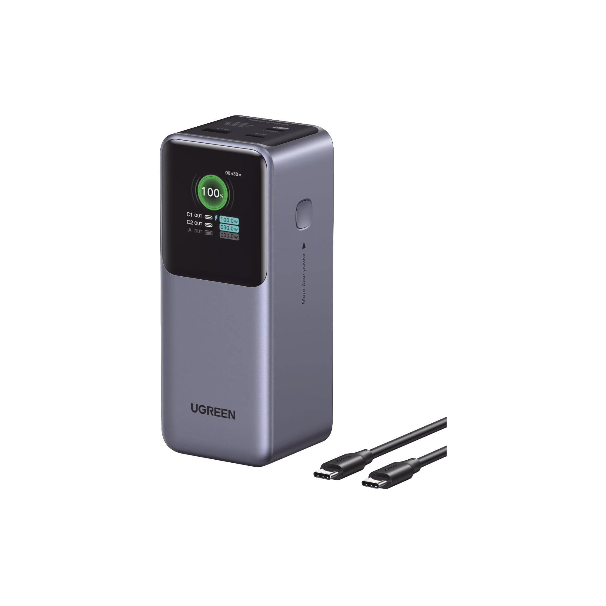 Power Bank de 20000mAh | 3 Salidas 130W Max. | USB-A + 2 USB-C | PD 3.0 | QC3.0 | FCP | SCP | Pantalla Inteligente | Carcasa Ignifuga | Color Gris | Incluye Cable USB de 50cm | Carga tu Laptop de Manera Segura.