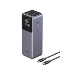 Power Bank de 12000mAh | 3 Salidas 100W Max. | USB-A + 2 USB-C | PD 3.0 | QC3.0 | FCP | SCP | Pantalla Inteligente | Carcasa Ignifuga | Color Gris | Incluye Cable USB de 50cm | Carga tu Laptop de Manera Segura.