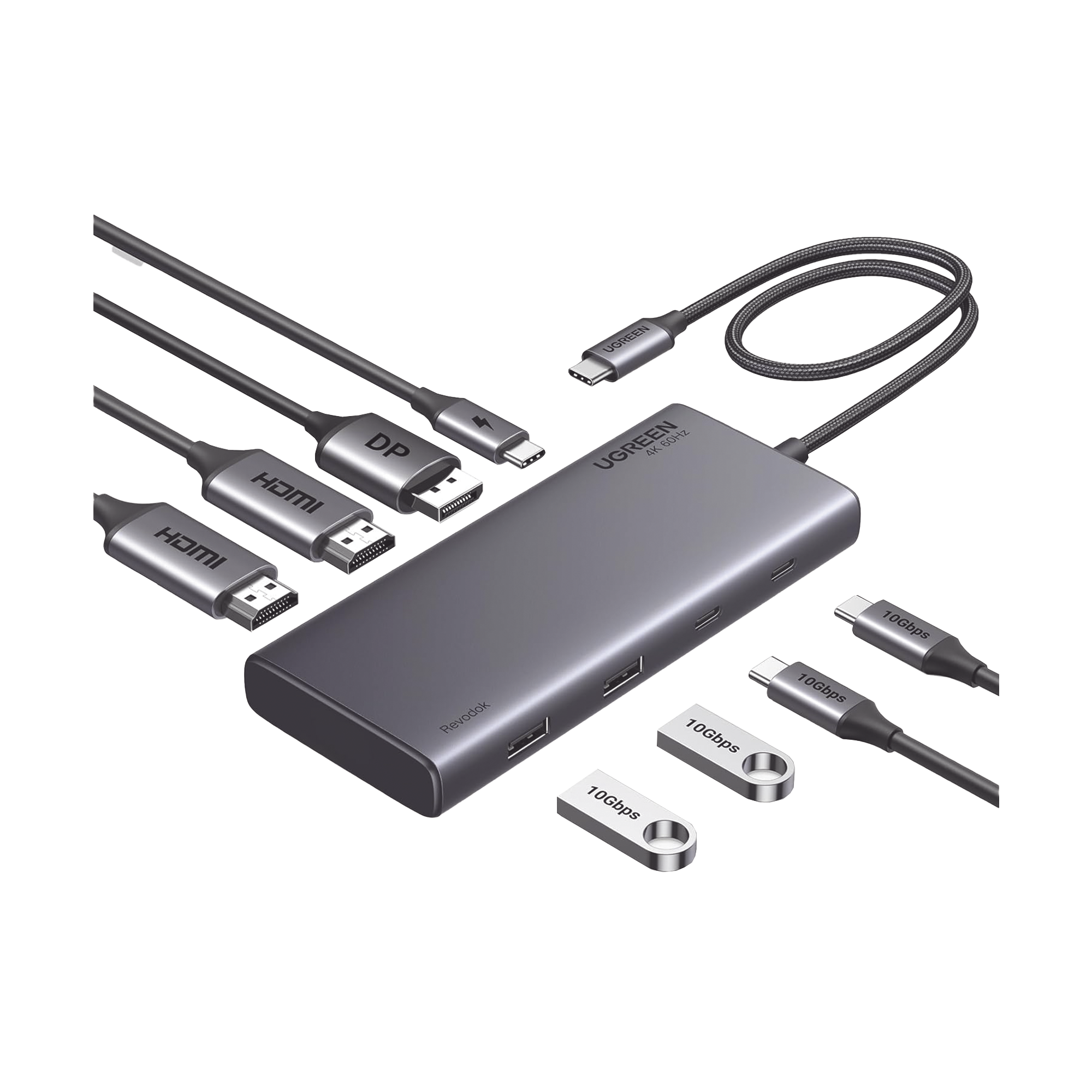 HUB USB-C (Docking Revodok 308) 8 en 1 | 2 Puertos HDMI 4K@60Hz | 1 Puerto DisplayPort 4K@60Hz 2 USB-A 10Gbps) | 2 USB-C (10Gbps) | USB-C PD Carga 100W | Chip de Ultima Generacion | Carcasa de Aluminio.