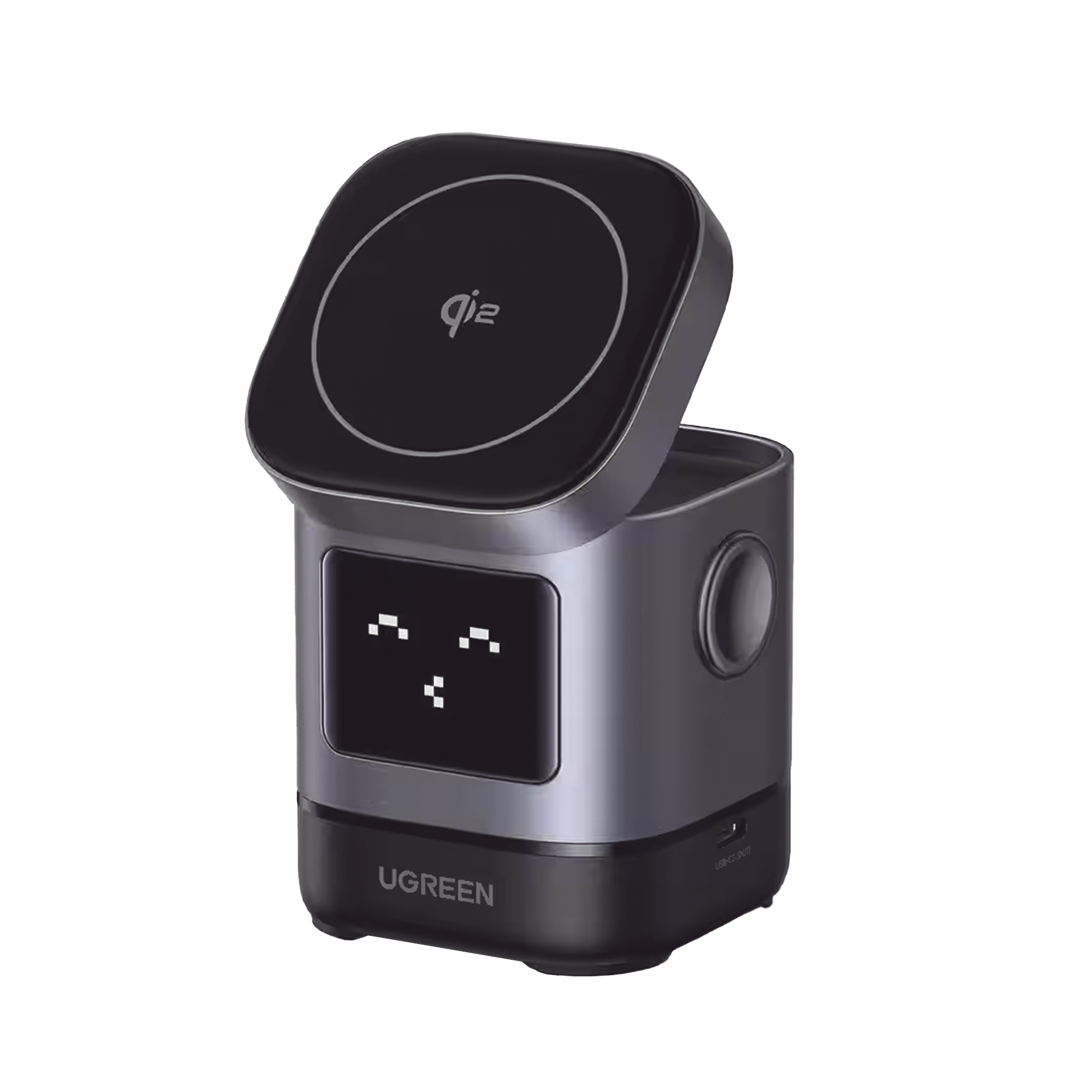 Cargador Inalámbrico Robot 2 en 1 UGREEN Qi2 / 15W Ultra Rápido para iPhone / 5W para AirPods / Pantalla Inteligente con Expresiones / Imanes N48H / Puerto USB-C 5W para Apple Watch / Compatibilidad MPP