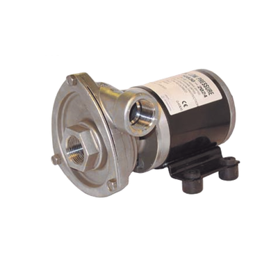 Bomba centrifuga Cyclone de baja presión a 12 Vcd, caudal de hasta 29 GPM, presión máxima de 8.7 psi, en acero inoxidable.