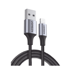 Cable USB-A a Lightning | 1 Metro | Certificado MFi | Carga Rápida 5V/2.4 A | 480 Mbps | Conector C94 | Adecuado para iPhone, iPad y iPod | Protección Integrada | Caja de Aluminio | Nylon Trenzado | Color Negro.