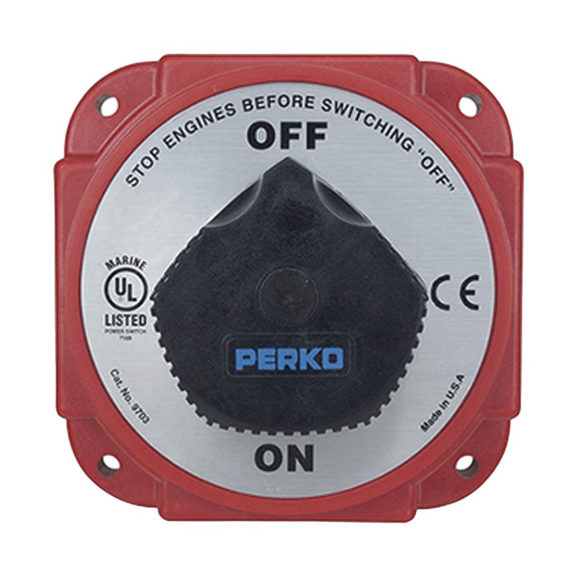 Interruptor Desconexión Batería 9703 con Desconexión Campo Alternador, 480 Amperios Continuos, 1200 Amperios Intermitentes, 6-32 VDC, Terminales 1/2 Pulgada, Montaje Marino