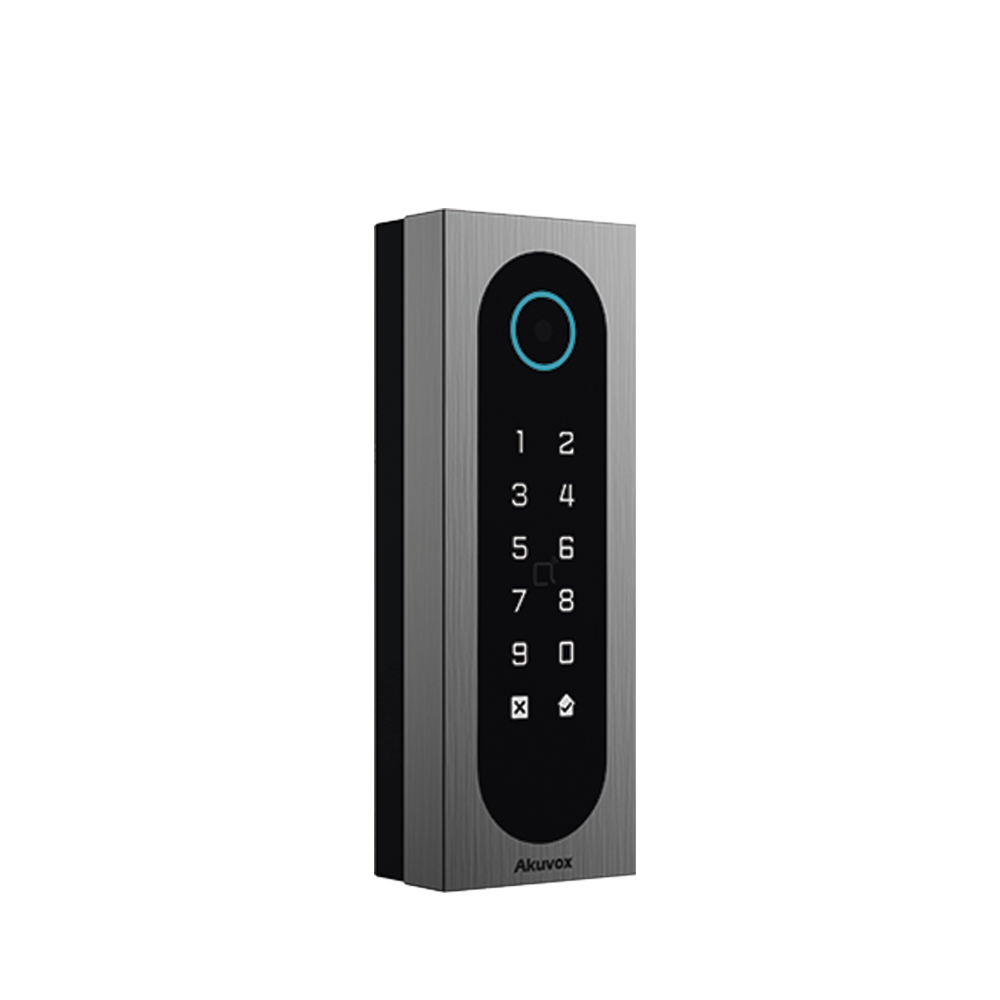 Control de Acceso Slim Akuvox A08S / Aluminio y Vidrio Templado / IP65 & IK09 / Capacidad para 20,000 Tarjetas / Métodos de Acceso Multi (QR, Bluetooth, PIN, RFID) / Soporta Wiegand / 1 Salida de Relay