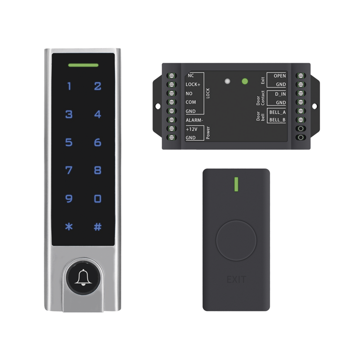 Mini Controlador de Acceso con Teclado Inalámbrico / Cuenta con Botón de Salida Inalámbrico / Soporta Tarjeta y Contraseña / Cuenta con Botón de Timbre