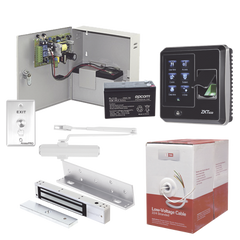 Sistema Completo de Acceso, Incluye Lector Biometrico SF300, Chapa magnética con bracket, Cierra puerta, Botón de Salida, Cable " Gratis ", y fuente profesional con Batería