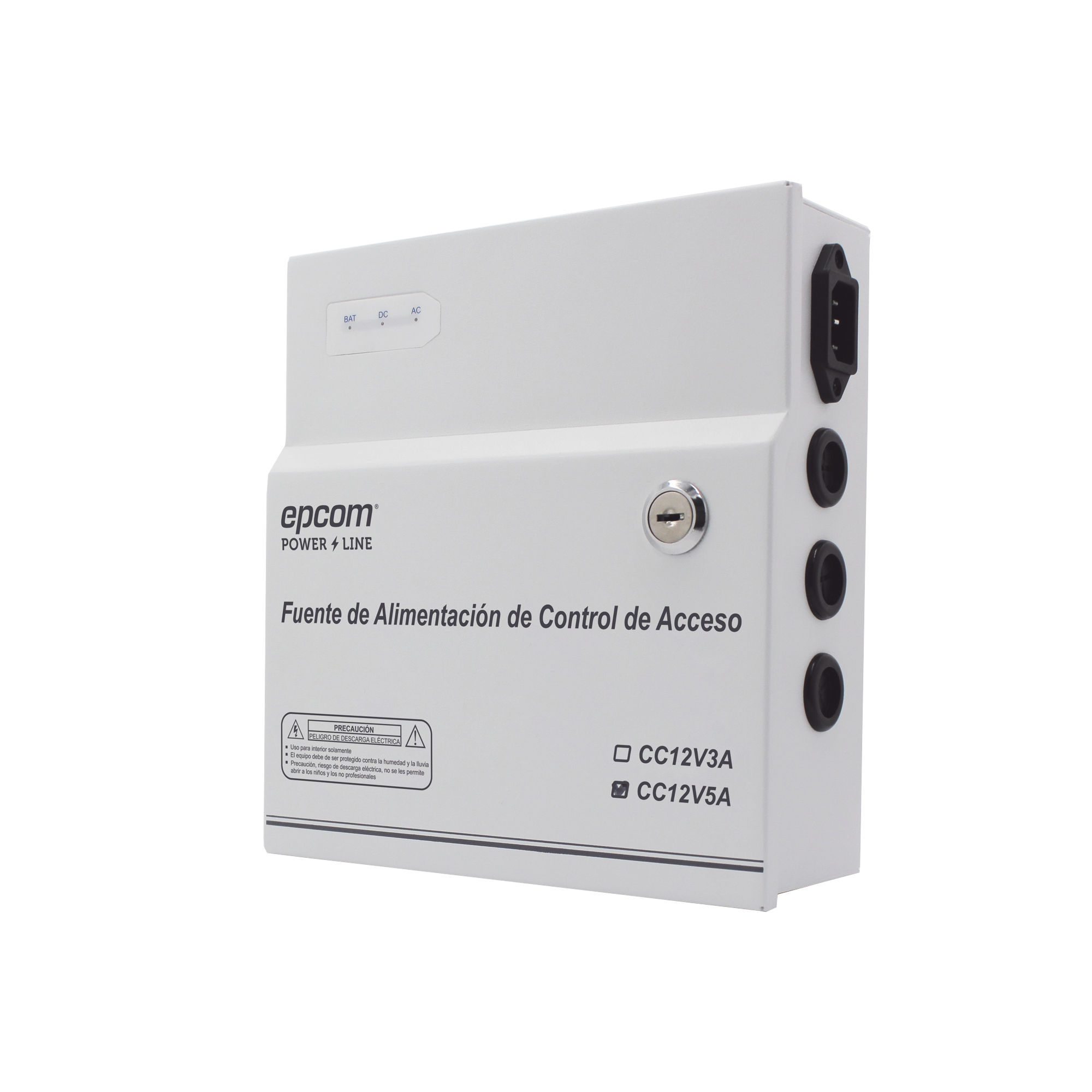 Fuente de Poder / 1 Salida 11-15 Vcc /  5 A / Temporizador Integrado / Con Capacidad de Batería de Respaldo / Requiere Batería / Aplicaciones en sistemas de control de Acceso