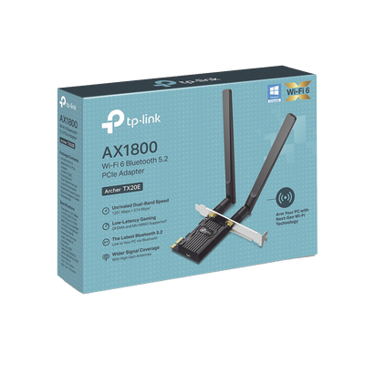 Adaptador  PCIe inalámbrico doble banda AX1800 Mbps / Seguridad Inalámbrica WPA3 /Antena de alta ganancia / Tecnología MU-MUMO 2X2 / Soporte de perfil bajo y Altura completa / Bluetooth 5.2