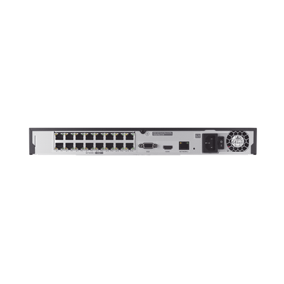 NVR 16 canales grabacion hasta 8MP / H.265 / P2P Wisenet / 16 puertos PoE Plug and Play / 80 Mbps para grabacion.