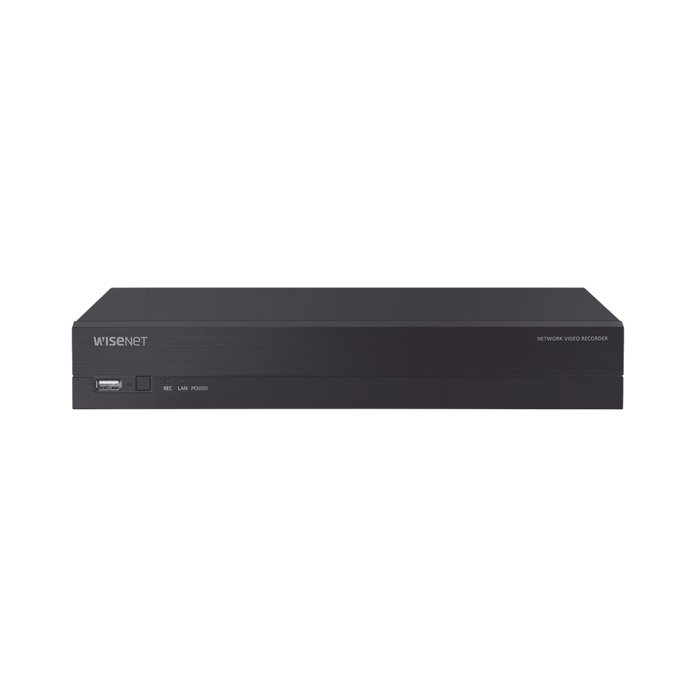 NVR 4 canales grabacion hasta 8MP / H.265, H.264 / P2P Wisenet / 4 puertos PoE Plug and play / soporta 1 disco duro (no incluido).