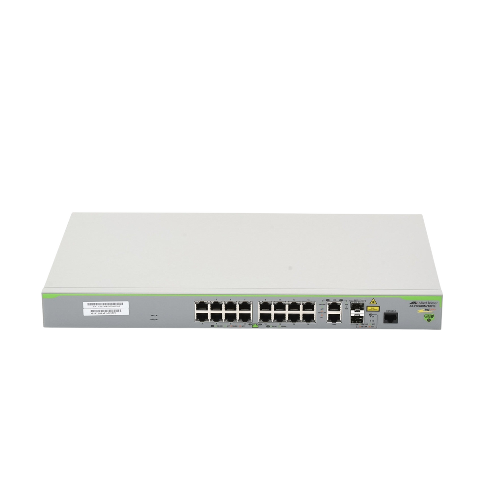 Switch PoE+ Administrable CentreCOM FS980M, Capa 3 de 16 Puertos 10/100 Mbps + 2 puertos RJ45 Gigabit/SFP Combo, 250W
