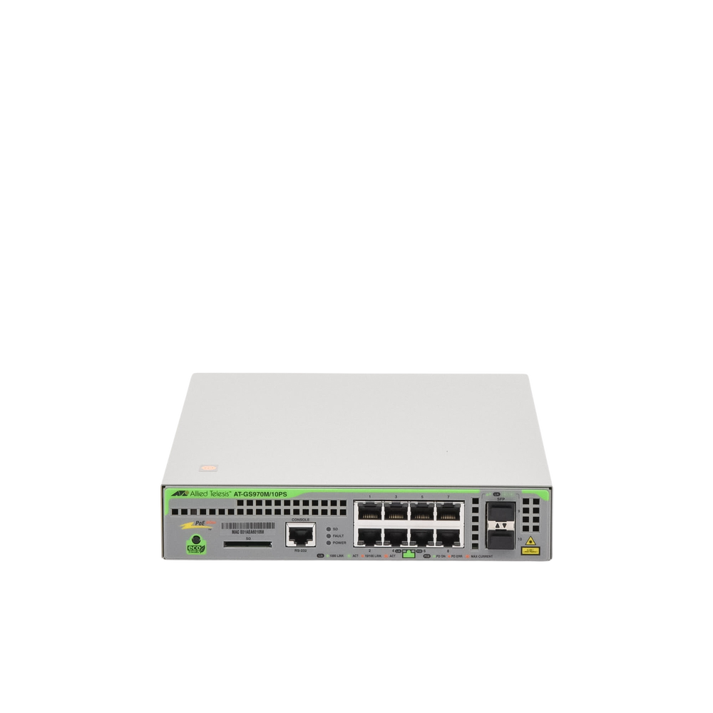 Switch PoE+ Administrable CentreCOM GS970M, Capa 3 de 8 Puertos 10/100/1000 Mbps + 2 SFP Gigabit, 124 W