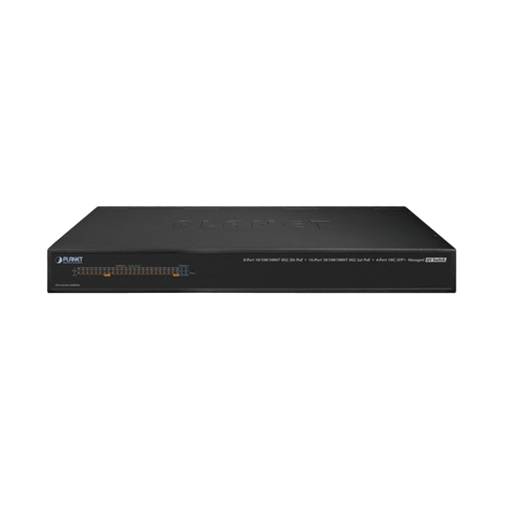 Switch AV Profesional para Integraciones Audiovisuales, , 8 Puertos PoE Gigabit 802.3bt, 16 Puertos PoE Gigabit 802.3at, 4 Puertos SFP 10 G, Hasta 450 W de Potencia