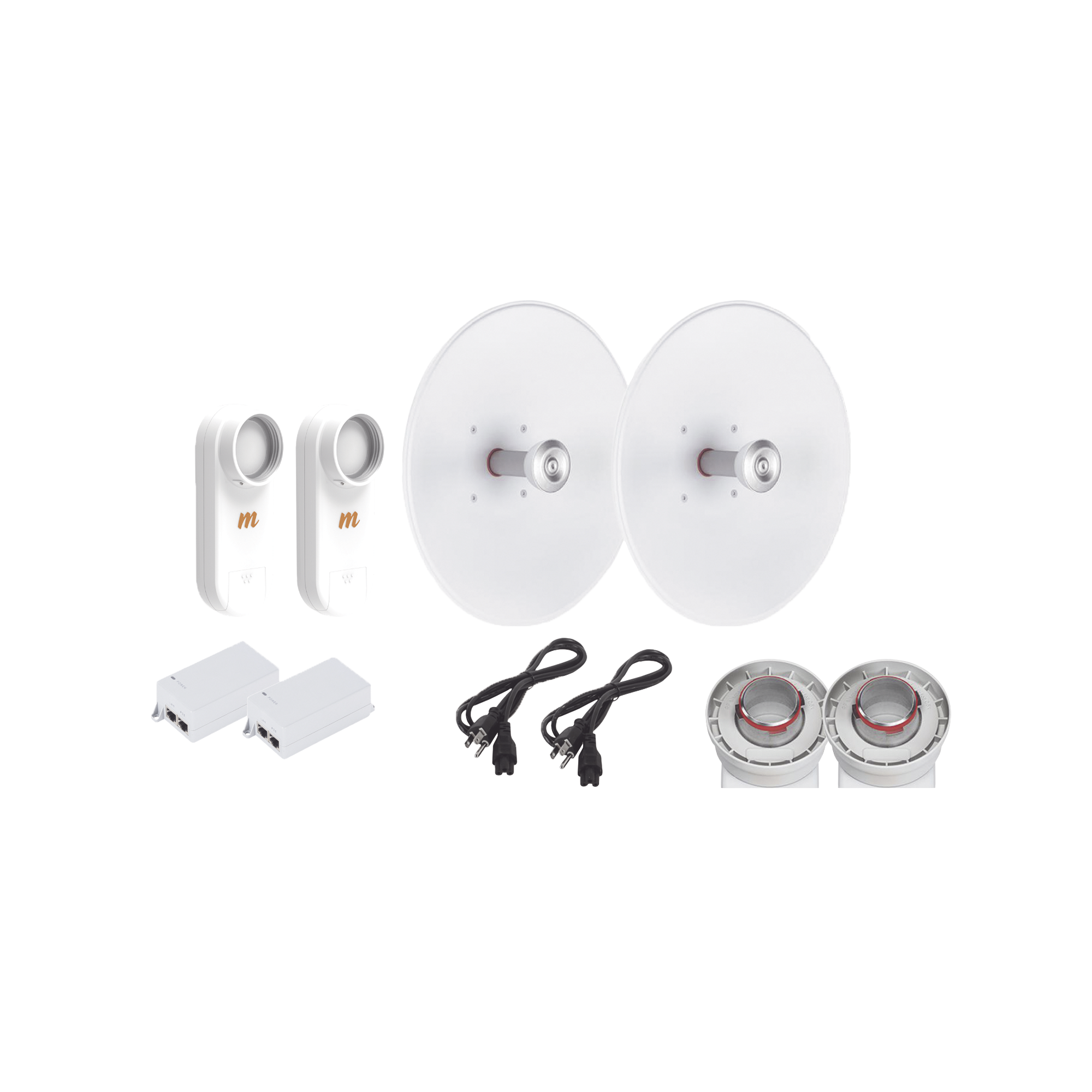 Enlace completo de 2 radios C5X con antenas UD-TP-27 (27 dBi), rango de frecuencia extendida (5.1 a 6.4 GHz),  incluye inyector POE y cable de alimentación y adaptador para la antena