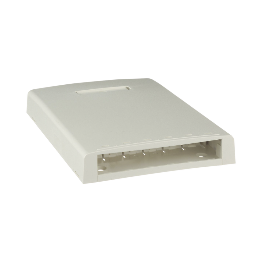Caja de Montaje en Superficie, con Accesorio para Resguardo de Fibra Óptica, para 6 Módulos Mini-Com, Color Blanco Mate