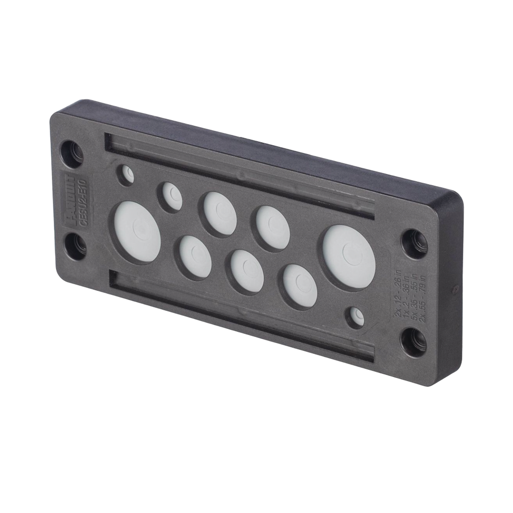 Pasacable de 10 Orificios de Marco Rectangular, IP65, 4.41" X 1.42", para Cables no Terminados, Color Negro.