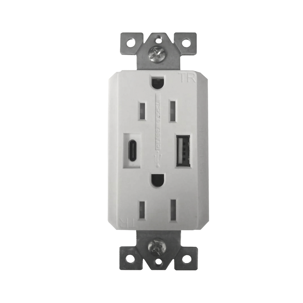 Contacto Dúplex con puertos USB Tipo A y C, 15 A, 100 - 240 V, USB 5 V, Incluye la Placa.