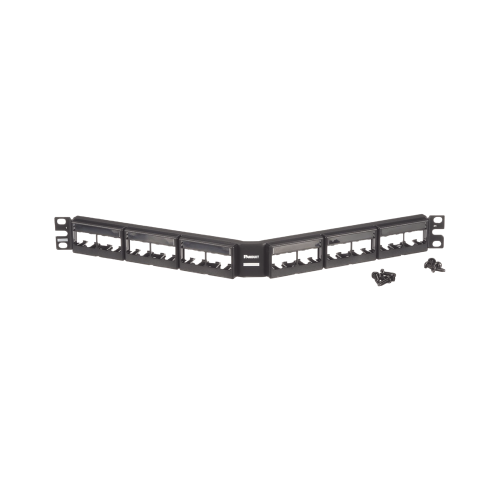 Panel de Parcheo Modular Mini-Com (Sin Conectores), Angulado, Sin Blindaje, Con Etiqueta y Cubierta, de 24 Puertos, 1UR