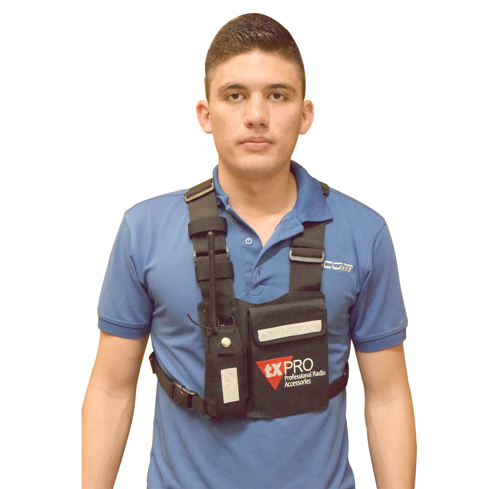 Pechera Universal con soporte para radio, sostén de bolígrafo y seguridad para la bolsa con cinta adherente. Logo TX-PRO.