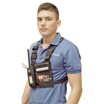 Pechera Universal con soporte para radio, sostén de bolígrafo y seguridad para la bolsa con cinta adherente. Logo TX-PRO.