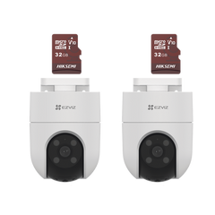 Kit de Camaras WiFi, Incluye 2 Piezas CS-H8C y 2 Piezas HS-TF-E1/32G / Audio de Dos Vías / Detección de Movimiento /  Luz Estroboscópica / Sirena  /  Uso en Exterior con Protección