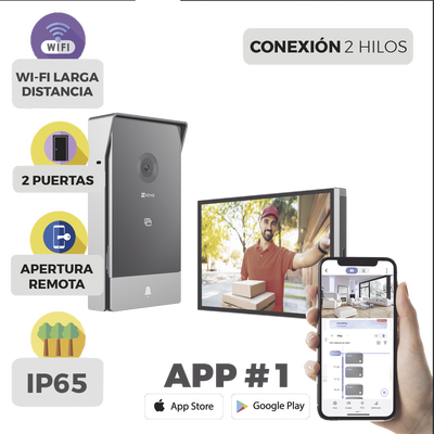 Videoportero IP Conexión a 2 Hilos / Con Monitor Wi-Fi para Interior / Frente de Calle  IP65 Uso En Exterior Debe Tener Protección / Cámara 3 Megapíxel / Llamada a la App / Apertura remota  / Soporta 2 Puertas / Ranura para Mic