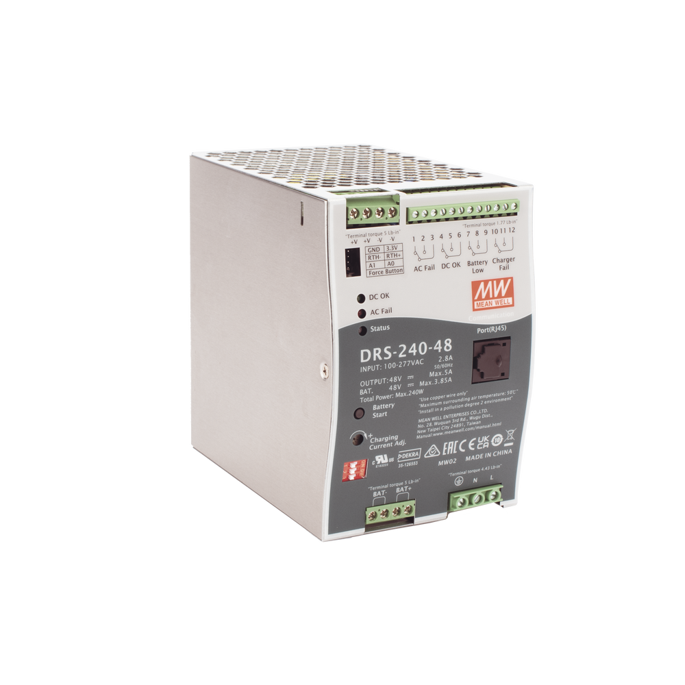 Fuente de Poder Industrial de 240W con Cargador de Baterías, salida 48Vcc, 5A, para montaje Riel Din