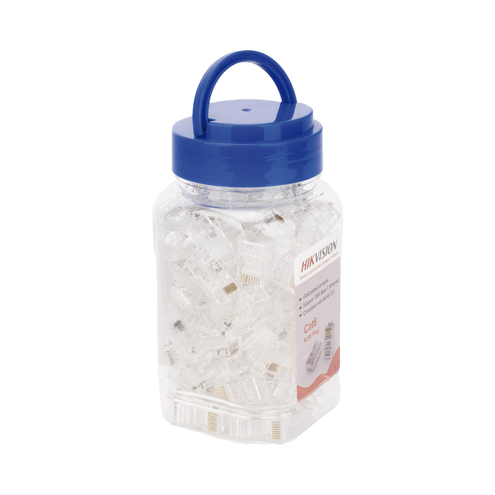 Bote con 100 Piezas de Plug Modular RJ45 / Cat 6 / Chapado en Oro a 30 Micras / Sin Blindaje / Fácil Instalación / Uso Interior / Soporta Norma TIA-568B / Cumple con RoHS 2.0
