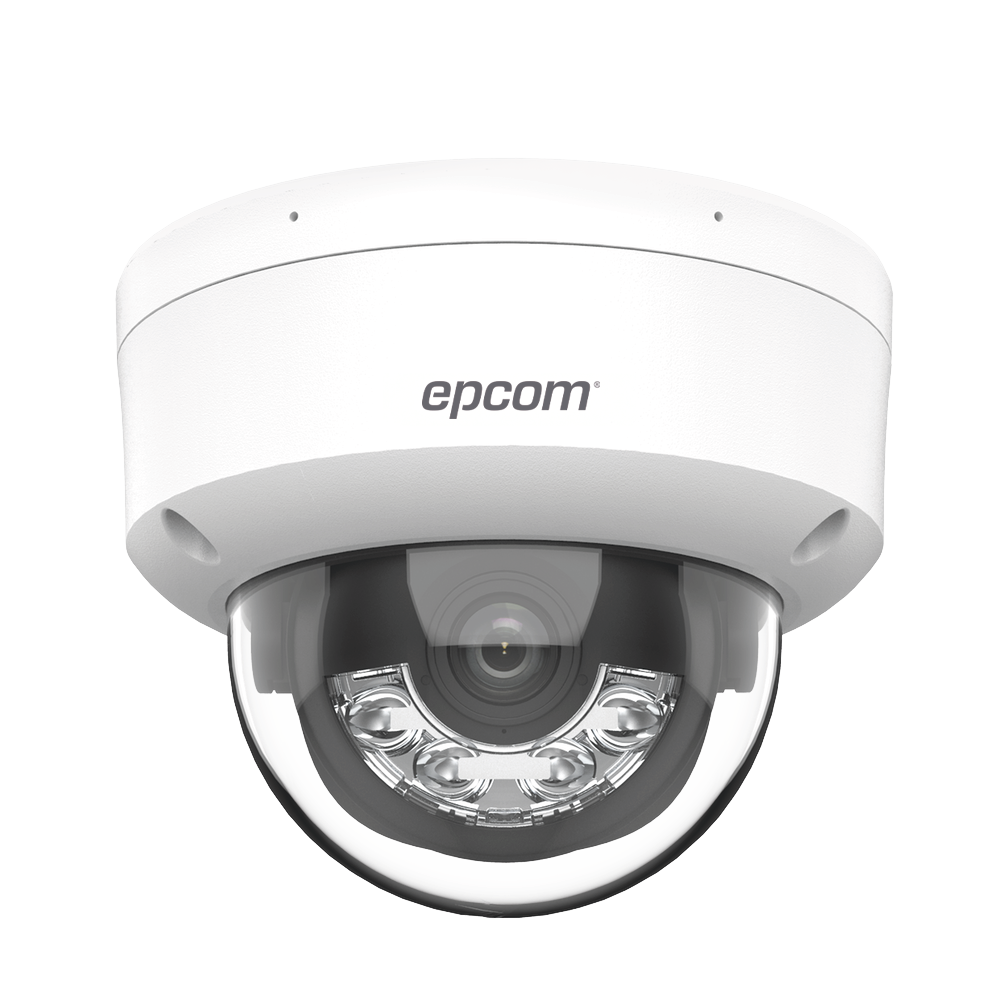 Domo IP 4 Megapixel / Lente 2.8 mm / Dual Light (30 mts IR + 30 mts Luz Blanca) / Micrófono Integrado / Antivandálico IK08 / Motion Detection 2.0 / Exterior IP67 / H.265 / PoE / ONVIF / Micro SD
