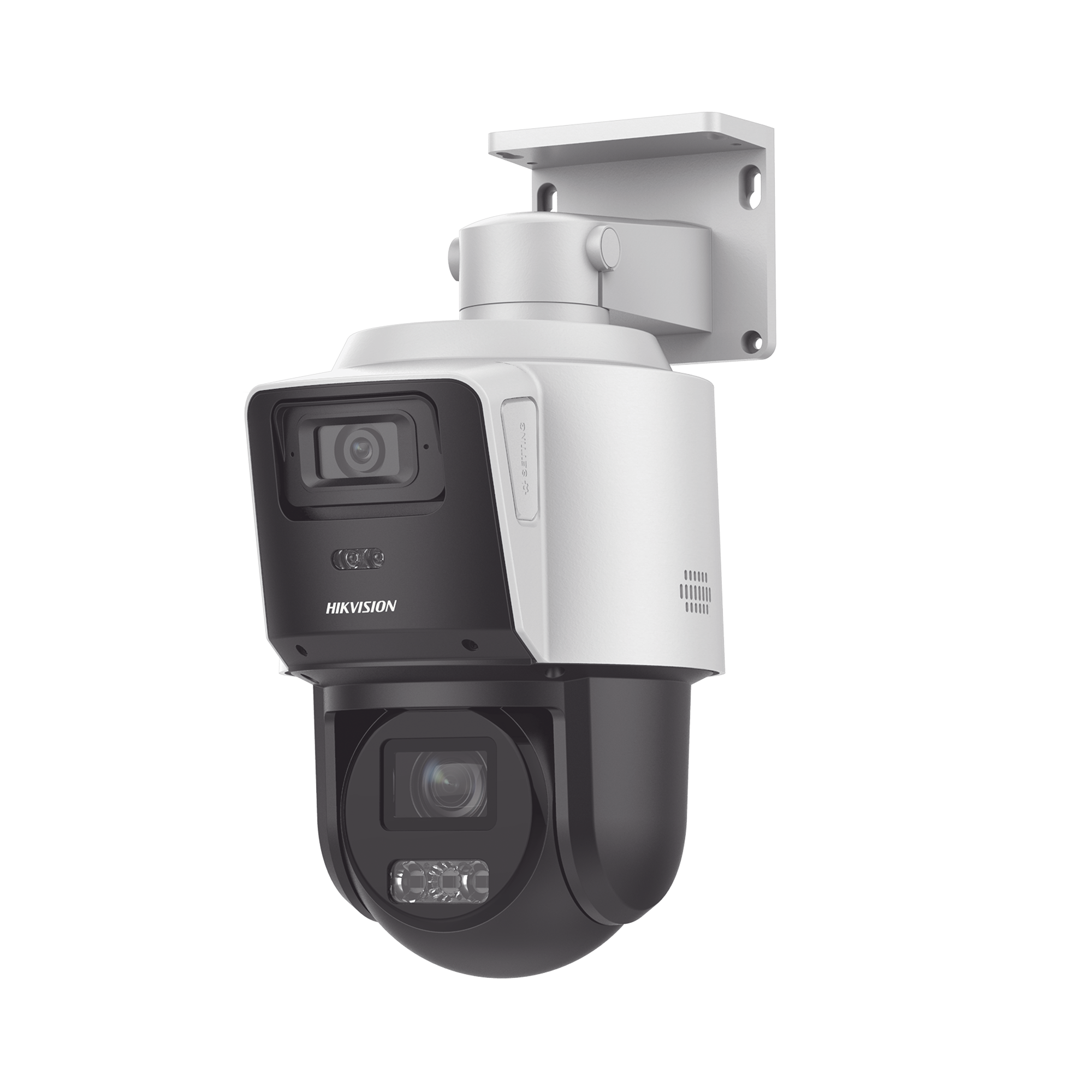 [TandemVu] PTZ IP 4 Megapixel con Cámara Panorámica 4 Megapixel / 4X Zoom / Dual Light (40 mts IR + 30 mts Luz Blanca) / ACUSENSE / IP66  / PoE+ / DARKFIGHTER / Micro SD / Incluye Base para Techo o Pared