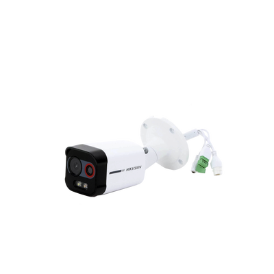 Bala IP Dual / Térmica 2.6 mm (96 x 72) / Óptico 6 mm (4 Megapixel) / Detección de Intrusión por VCA 30 mts /30 mts Luz Blanca / Exterior IP67 / PoE / Sirena y Luz Intermitente Integrada / Micro SD / ColorVu y ACUSENSE