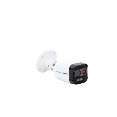Bala IP Dual / Térmica 2.6 mm (96 x 72) / Óptico 6 mm (4 Megapixel) / Detección de Intrusión por VCA 30 mts /30 mts Luz Blanca / Exterior IP67 / PoE / Sirena y Luz Intermitente Integrada / Micro SD / ColorVu y ACUSENSE