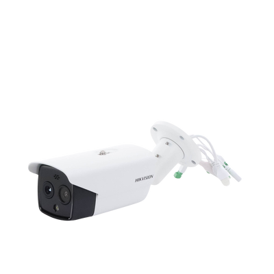 Bala IP Dual / Térmica 6.9 mm (256 x 192) / Óptico 6.4 mm (4 Megapixel) / 30 mts IR / Exterior IP67 / PoE / Termométrica / Detección de Temperatura / Sirena y Luz Intermitente Integrada / Micro SD