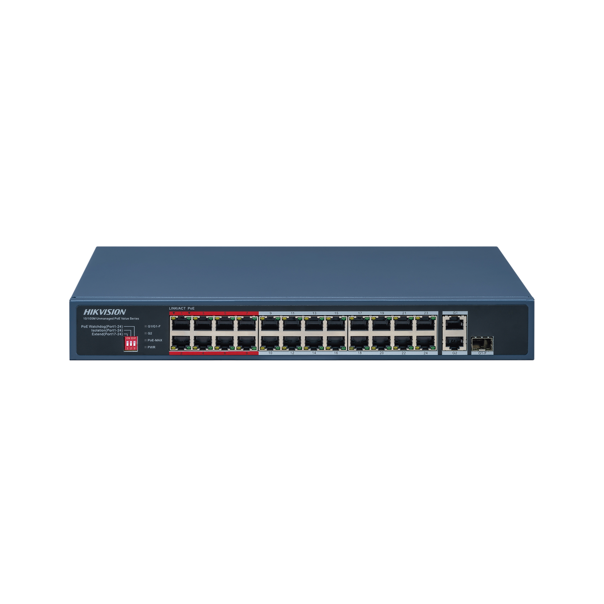 Switch PoE+ / No Administrable / 24 Puertos 10/100 Mbps PoE+ / 2 Puertos 1000 Mbps Uplink / 1 Puerto SFP Uplink / Modo Extendido hasta 300 Metros / 230 W