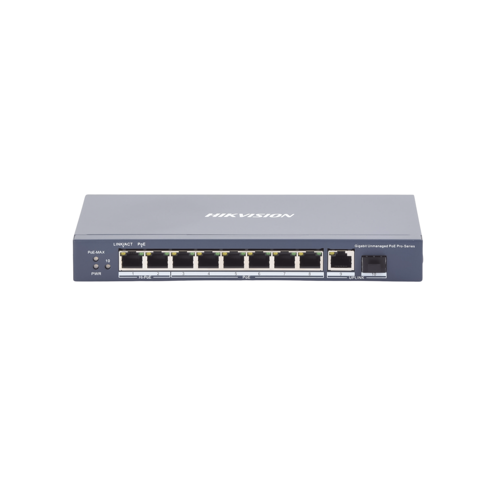 Switch PoE+ / No Administrable / 7 Puertos 1000 Mbps 802.3 af/at (30 W) / 2 Puertos 1000 Mbps Hi-PoE (90 W) / 1 Puertos 1000 Mbps Uplink / 1 Puerto SFP / Modo Extendido hasta 300 Metros / 110 Watts