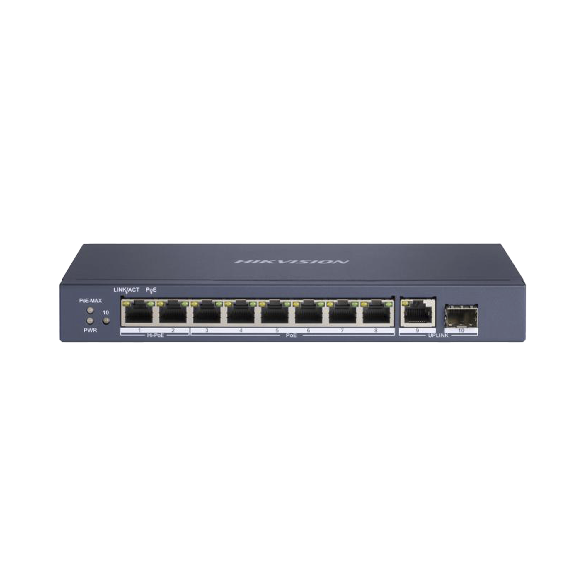 Switch PoE+ / No Administrable / 7 Puertos 1000 Mbps 802.3 af/at (30 W) / 2 Puertos 1000 Mbps Hi-PoE (90 W) / 1 Puertos 1000 Mbps Uplink / 1 Puerto SFP / Modo Extendido hasta 300 Metros / 110 Watts