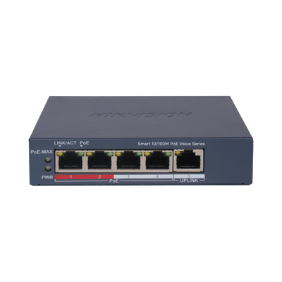Switch PoE+ / Administrable / 4 Puertos 10/100 Mbps PoE+ / 1 Puerto 10/100 Mbps Uplink / Configuración Nube Hik-PartnerPro / Modo Extendido hasta 300 Metros /  45 W