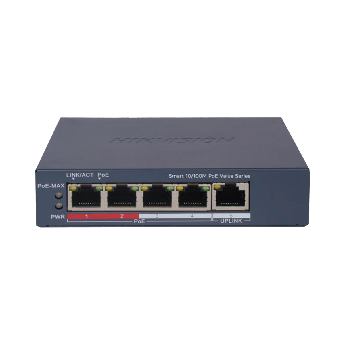Switch PoE+ / Monitoreable / 4 Puertos 10/100 Mbps PoE+ / 1 Puerto 10/100 Mbps Uplink / Configuración Nube Hik-PartnerPro / Modo Extendido hasta 300 Metros /  45 W