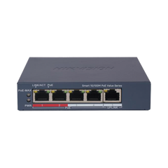 Switch PoE+ / Monitoreable / 4 Puertos 10/100 Mbps PoE+ / 1 Puerto 10/100 Mbps Uplink / Configuración Nube Hik-PartnerPro / Modo Extendido hasta 300 Metros /  45 W