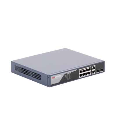 Switch PoE+ / Administrable / Uso en Rack / 8 Puertos 10/100 PoE+ /  2 Puertos 1000 Mbps Uplink  / 2 Puertos SFP / Configuración Nube desde Hik-PartnerPro / Modo Extendido hasta 300 Metros / 125 W