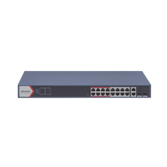 Switch PoE+ / Monitoreable / 16 puertos 10/100 Mbps PoE+ / 2 Puertos 1000 Mbps Uplink / 2 Puertos SFP de Uplink /  Configuración Nube Hik-Partner Pro / Modo Extendido hasta 300 metros / 230 W