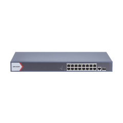 Switch Gigabit PoE+ / Monitoreable / 16 Puertos 1000 Mbps PoE+ / 1 Puerto 1000 Mbps de Uplink / 1 Puerto SFP /  Configuración Nube desde Hik-PartnerPro / Modo Extendido hasta 300 Metros / 130 Watts