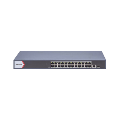 Switch Gigabit PoE+ / Administrable / 24 Puertos 1000 Mbps PoE+ /  1 Puerto 100 uplink / 1 Puerto 1000 Mbps Uplink / 1 Puertos SFP Uplink / Configuración Nube desde Hik-PartnerPro / Modo Extendido hasta 300 Metros / 370 W