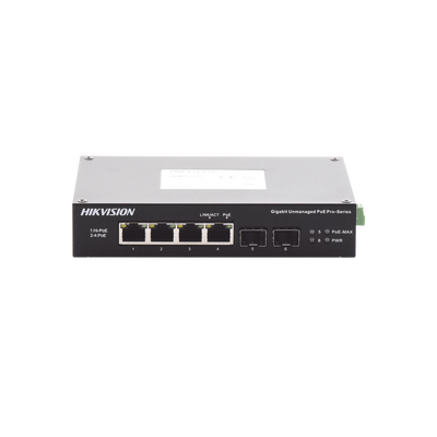 Switch Industrial No Administrable Gigabit / 3 Puertos Gigabit PoE+ (30 W) + 1 Puerto Gigabit PoE++ (60 W) / 2 Puertos SFP / 65 W Total / 48 a 57 VCD / Ideal para Proyectos / 300 Metros de Distancia