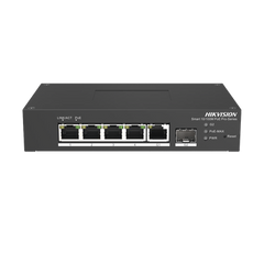 Switch PoE+ Industrial de Escritorio / Administrable / 4 Puertos 10/100 Mbps PoE+ / 1 Puerto 1000 Mbps Uplink / 1 Puertos SFP  /  Configuración Nube Hik-PartnerPro / Modo Extendido hasta 300 Metros / 60 Watts