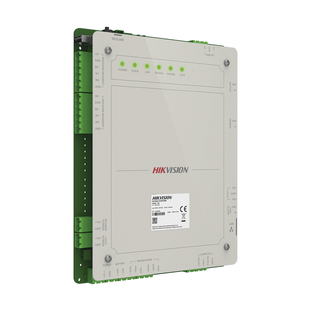 Controlador de Acceso 1 Puerta Administrable en la Nube con Hik-Connect Teams / Interfaz Web / 2 Lectores de Huella o Tarjeta / 100,000 Tarjetas / 10,000 Huellas / Incluye Gabinete y Fuente de Alimentación 12v 4A / Soporta Batería de Respald