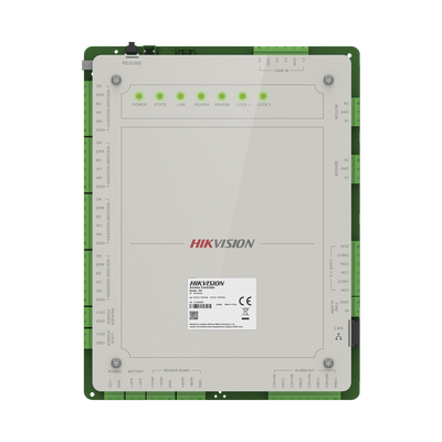 Controlador de Acceso 2 Puertas Administrable en la Nube con Hik-Connect Teams / Interfaz Web / 4 Lectores de Huella o Tarjeta / 100,000 Tarjetas / 10,000 Huellas / Incluye Gabinete y Fuente de Alimentación 12 Vcd 8 A / Soporta Batería de Re